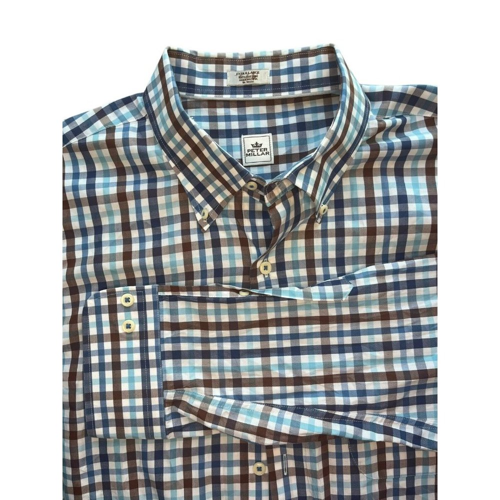 PETER MILLAR Size XL Plaid Blue Brown Button Down Shirt Mens 100% Cotton XL